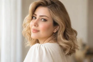 آرایش با موی بلوند؛ زن با موی بلوند طلایی و رژ هلویی