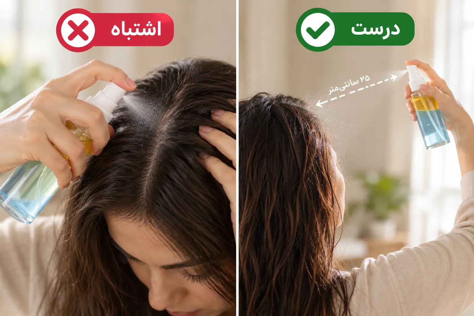 اشتباه و روش درست استفاده از اسپری دو فاز روی مو