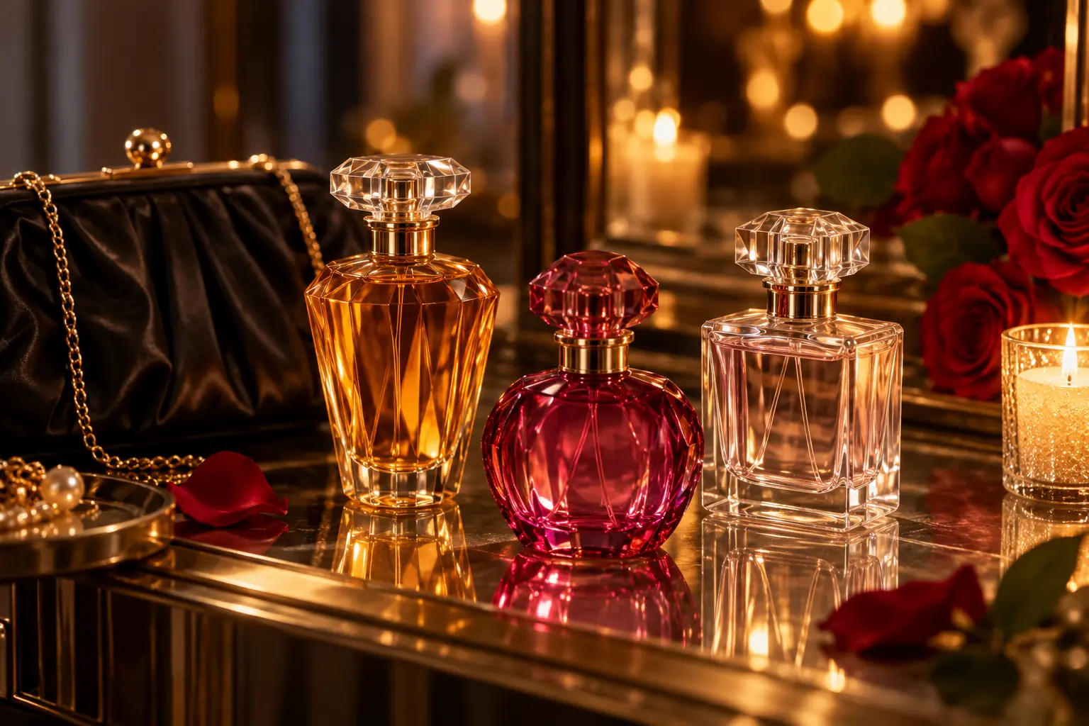 شیشه‌های عطر مجلسی زنانه کنار کیف دستی و گل رز در نور گرم شب
