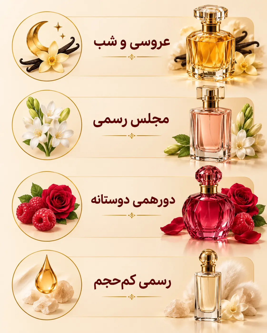 اینفوگرافیک انتخاب عطر مجلسی زنانه بر اساس نوع مهمانی