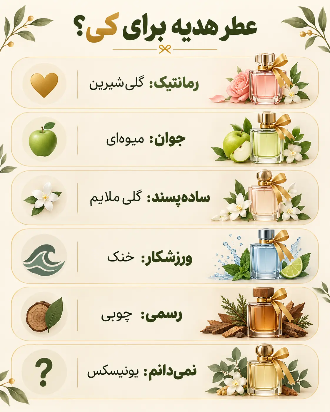 اینفوگرافیک انتخاب عطر مناسب هدیه بر اساس سلیقه‌ی گیرنده