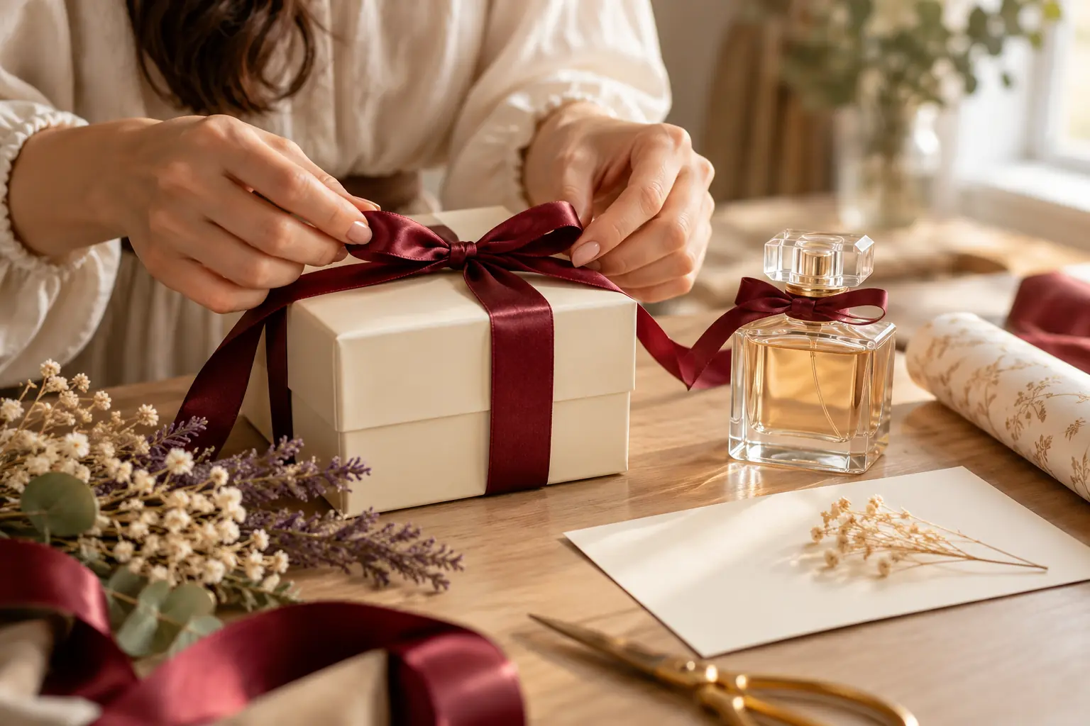 بسته‌بندی عطر هدیه با روبان و کارت تبریک روی میز