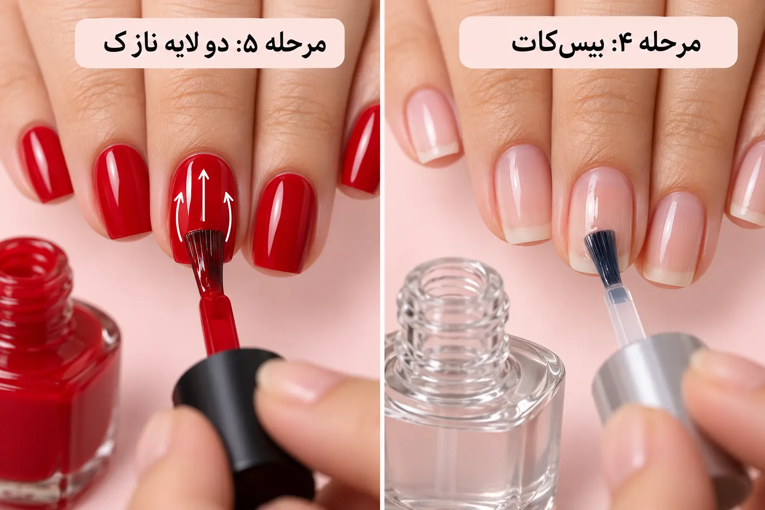 مرحله ۴ و ۵؛ زدن بیسکات و دو لایه نازک لاک ناخن با قانون سه حرکت