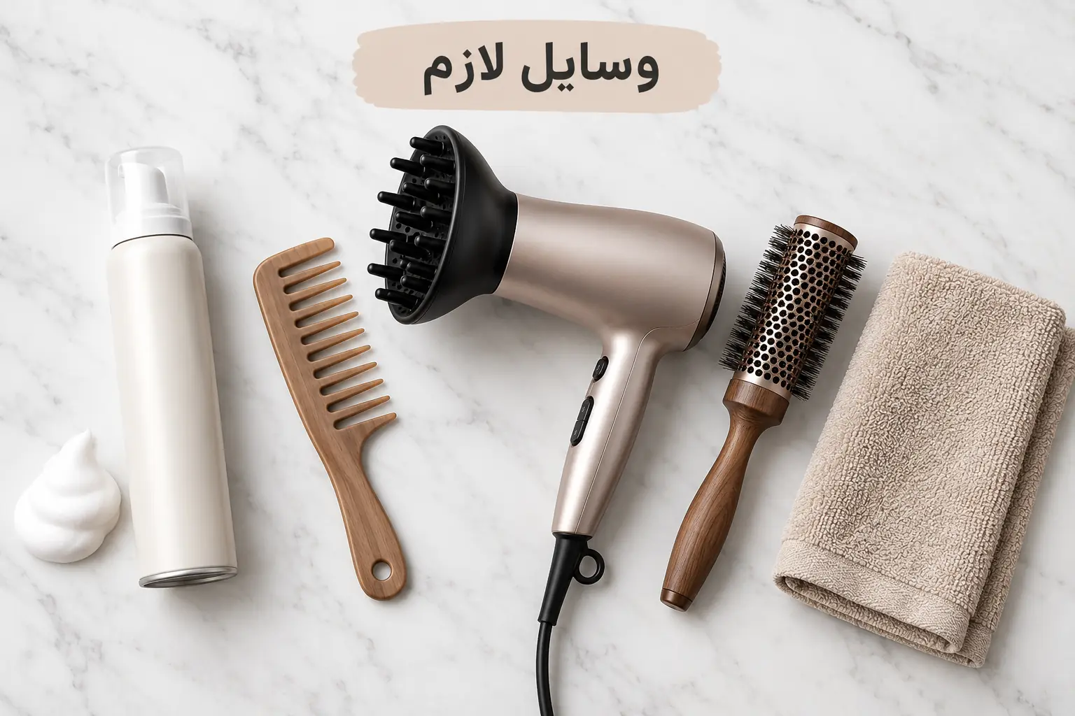 وسایل لازم برای استفاده از موس مو؛ قوطی موس، شانه دندانهدرشت، سشوار و حوله