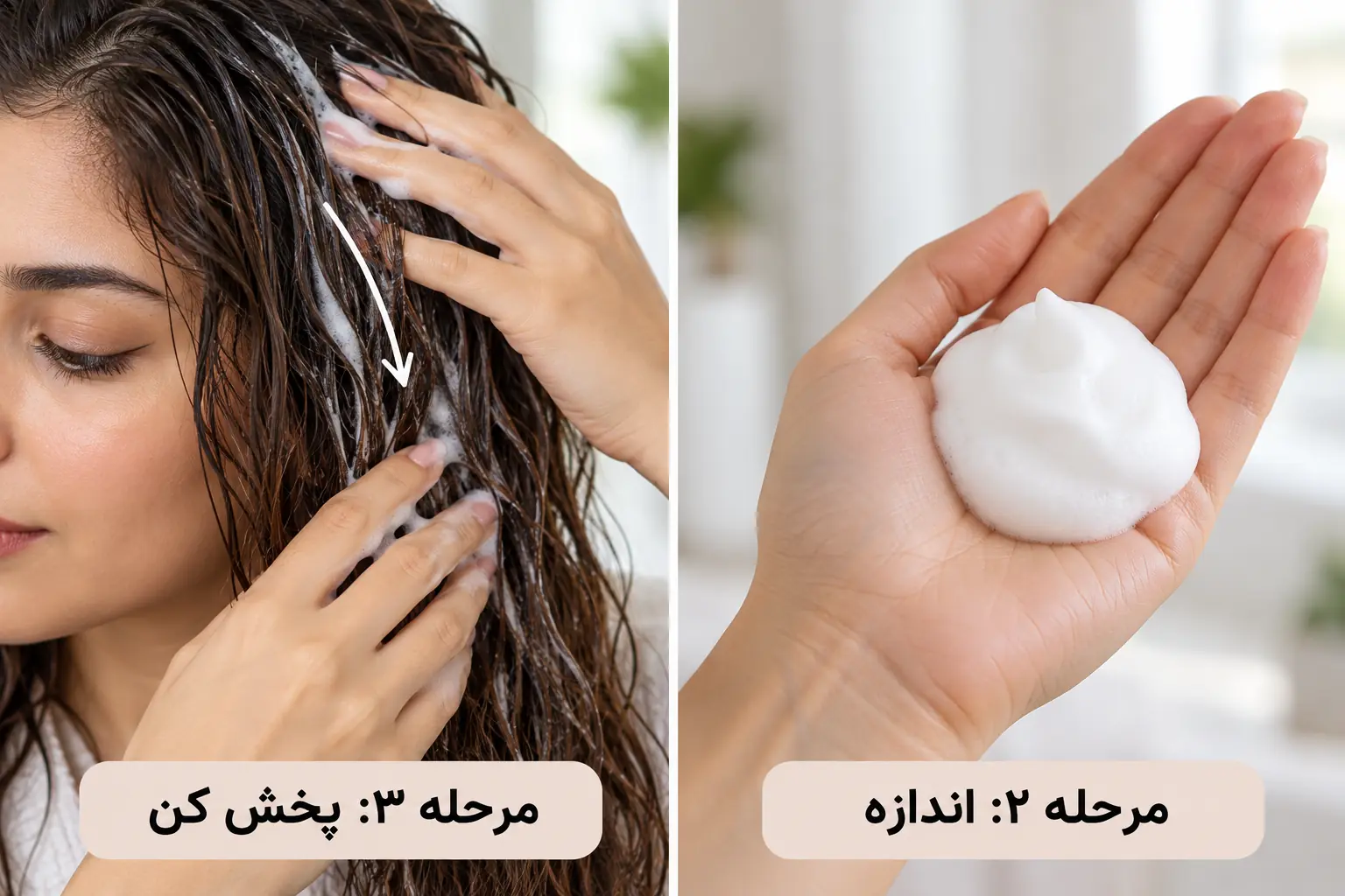 مرحله ۲ و ۳ استفاده از موس مو؛ اندازه گرفتن فوم و پخش آن از ریشه تا ساقه
