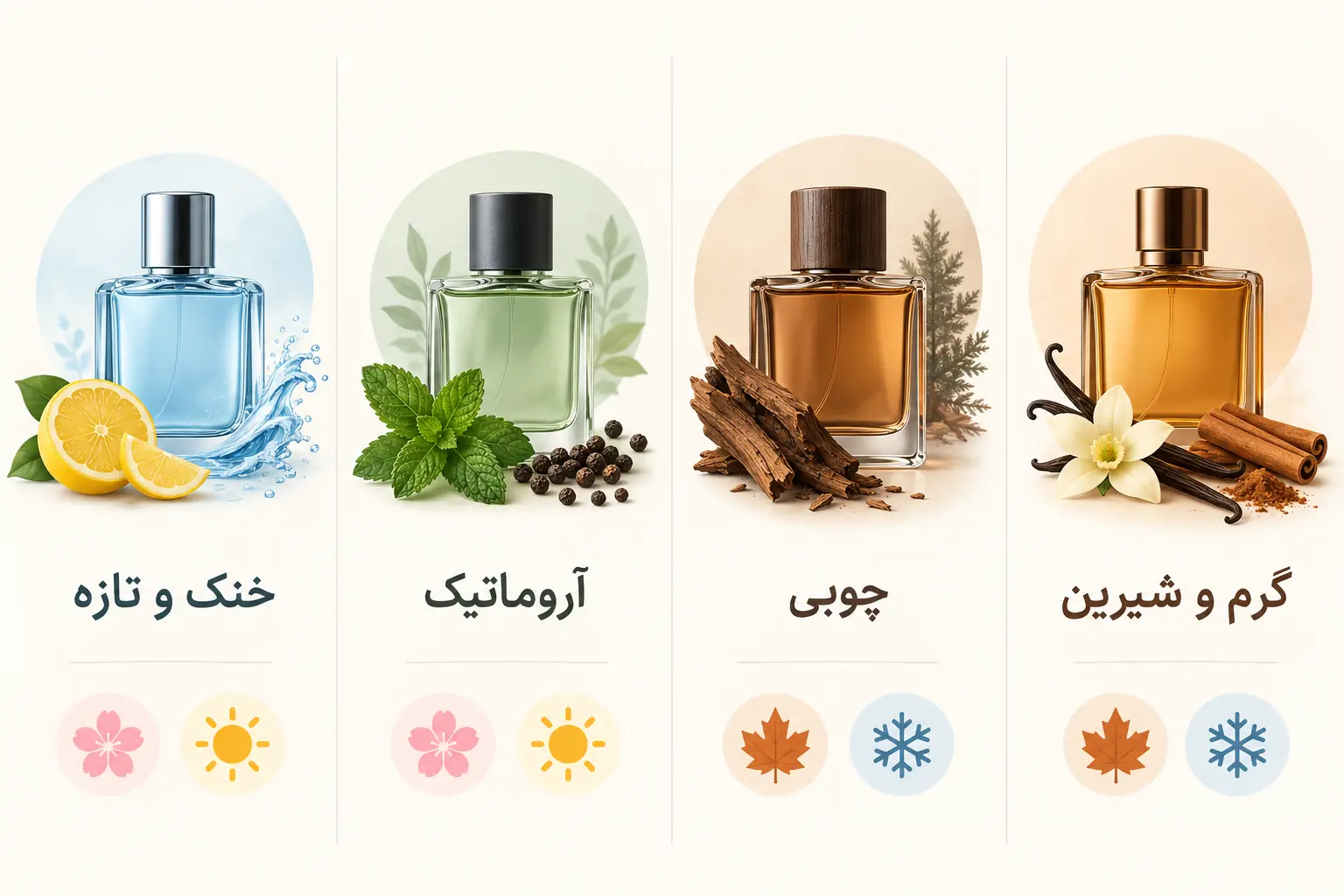 مقایسهی تصویری ادکلن مردانه خوشبو بر اساس خانوادهی رایحه و فصل
