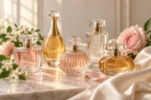 چیدمان شیشههای عطر زنانه در کنار گل و نور نرم؛ بهترین عطر زنانه