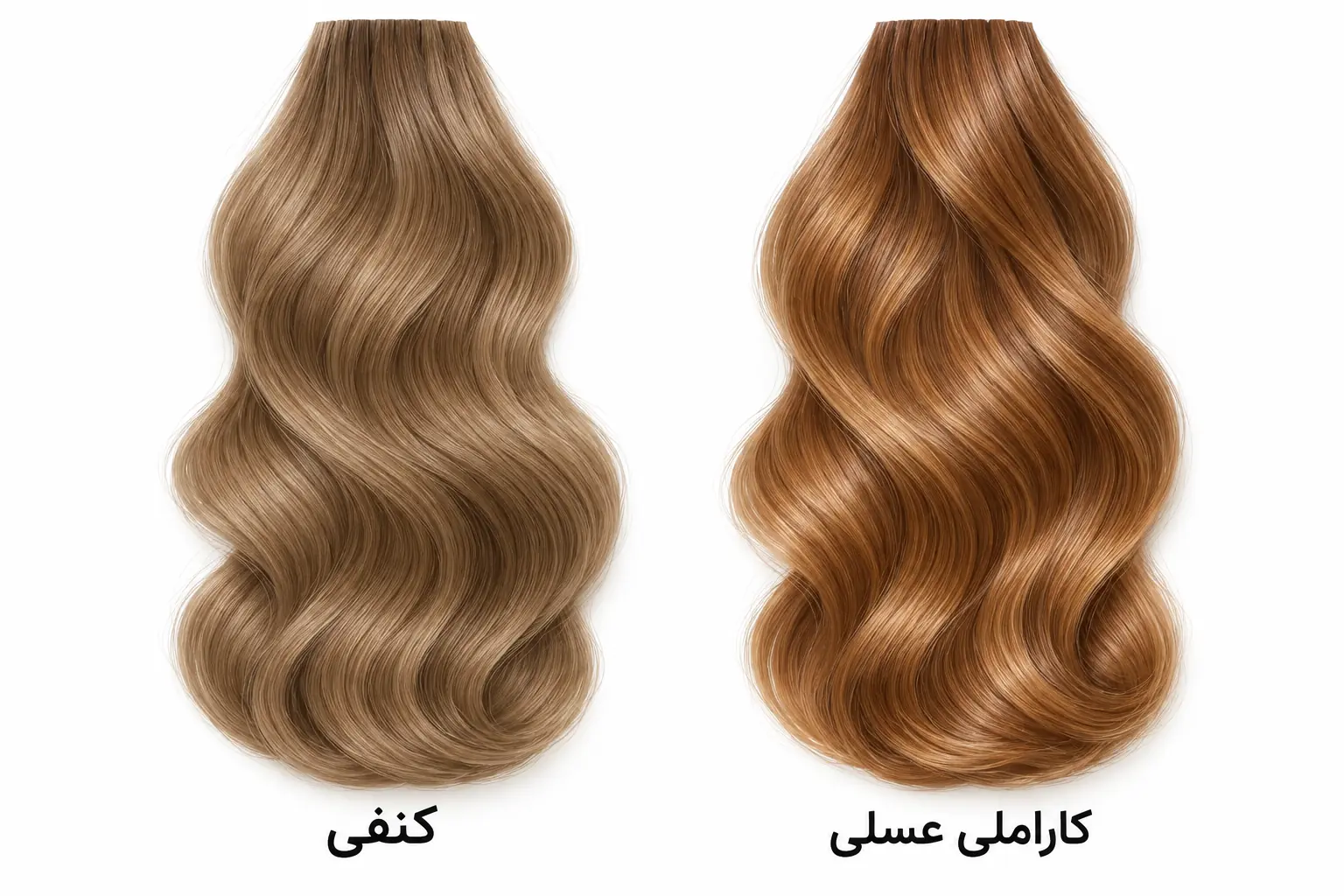 مقایسه‌ی رنگ موی کاراملی عسلی و کنفی کنار هم روی موی موج‌دار