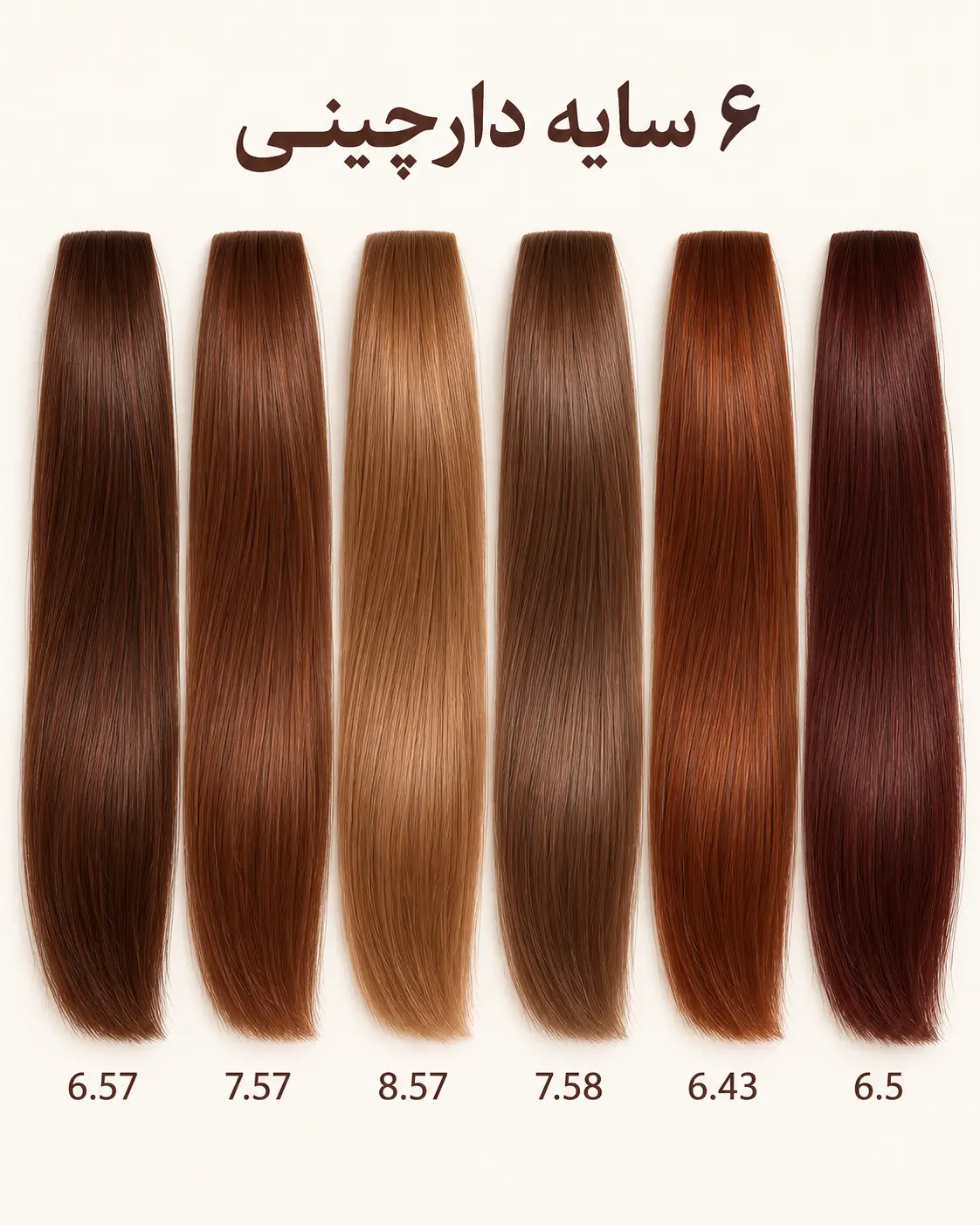 پالت ۶ سایه‌ی رنگ موی دارچینی با شماره رنگ از دارچینی تیره تا دارچینی روشن