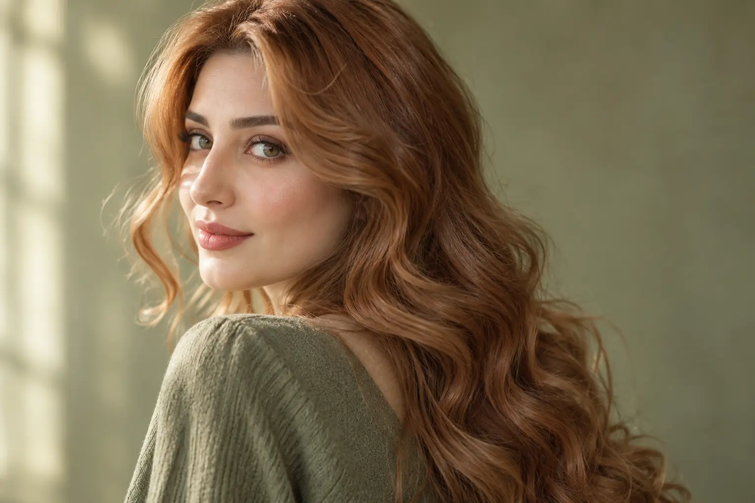 رنگ موی دارچینی روشن شماره ۸ روی موی موج‌دار با پوست روشن