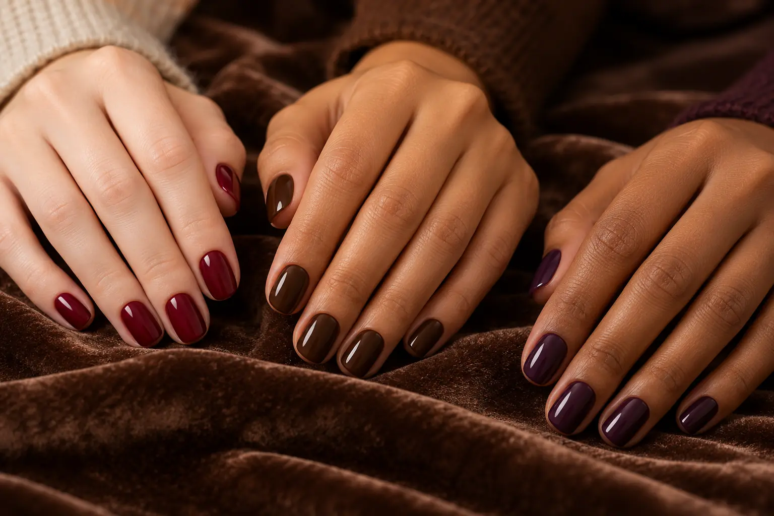 لاک پاییزی شرابی، شکلاتی و بادمجانی روی ناخن کوتاه