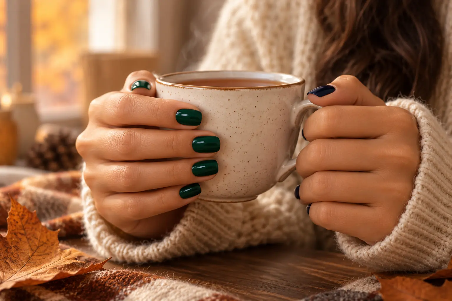 رنگ لاک ترند پاییز؛ سبز یشمی و سرمهای روی ناخن
