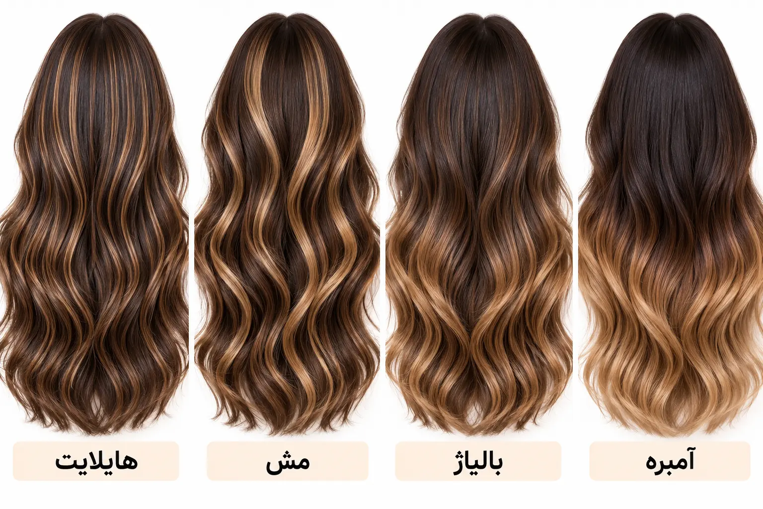 اینفوگرافیک فرق مش مو، هایلایت، بالیاژ و آمبره