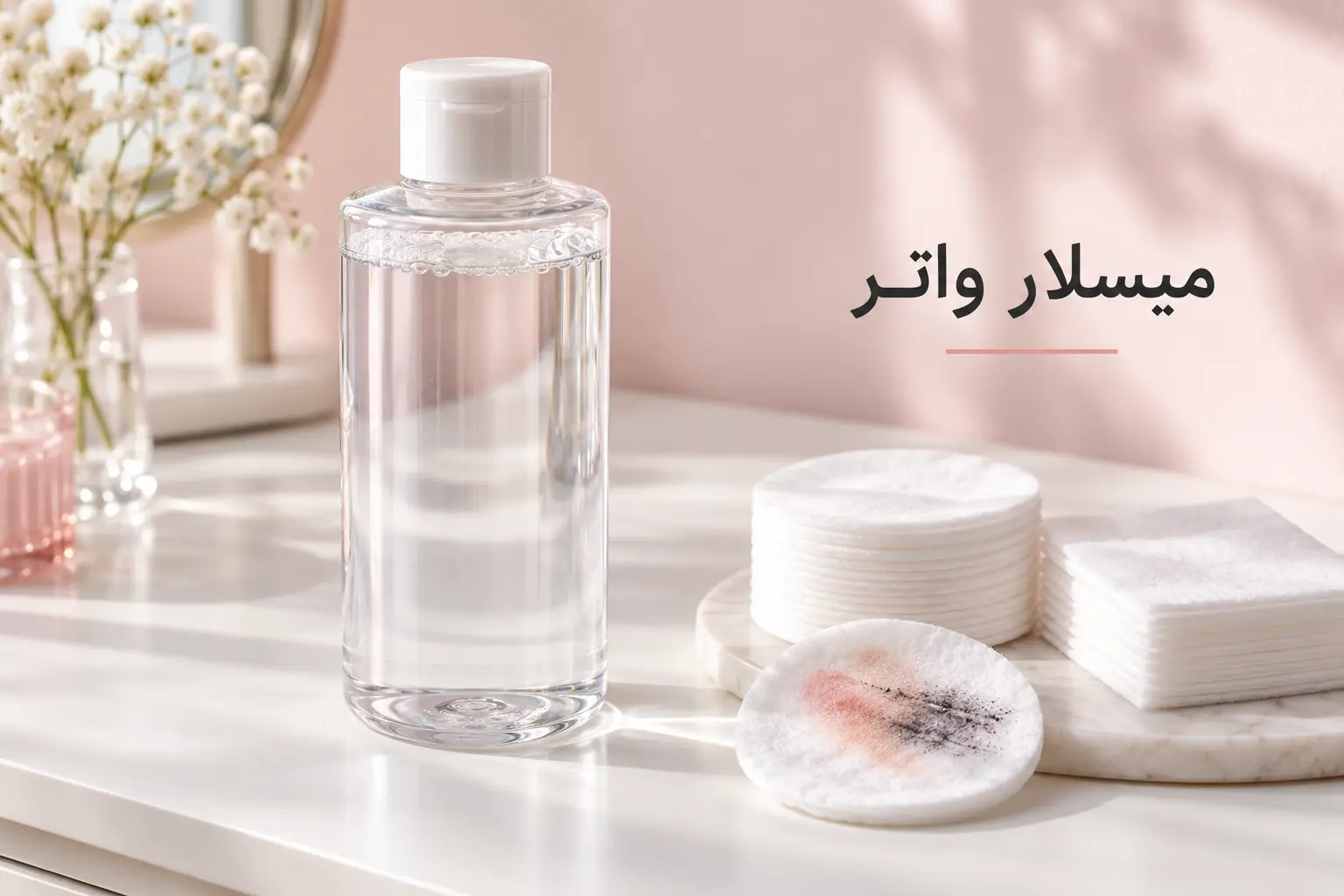 میسلار واتر چیست؛ بطری میسلار واتر و پد پنبهای روی میز آرایش