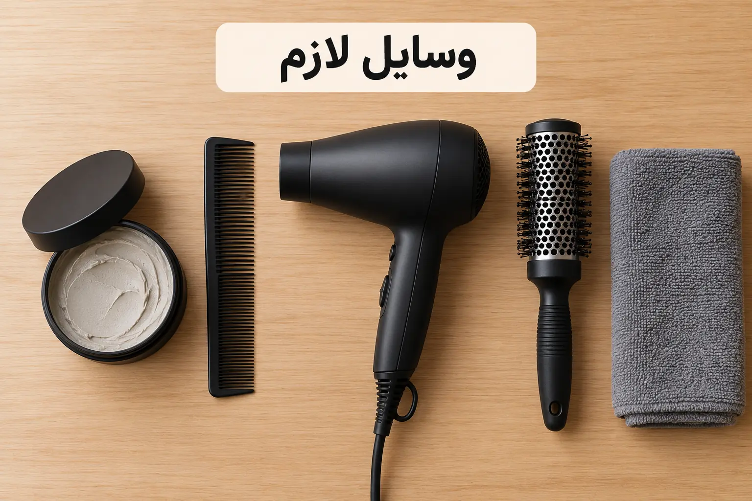 وسایل لازم برای استفاده از واکس مو؛ ظرف واکس، شانه دندانه‌ریز، سشوار و حوله