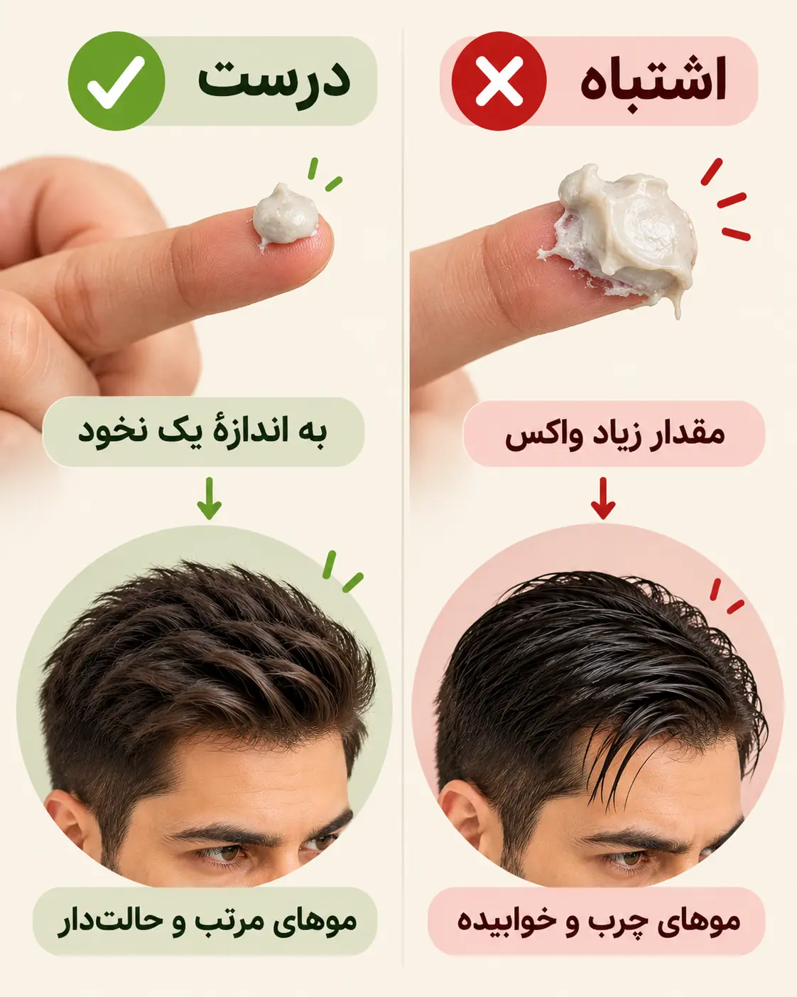 اشتباه و درست در استفاده از واکس مو؛ مقدار زیاد واکس در برابر اندازه نخود