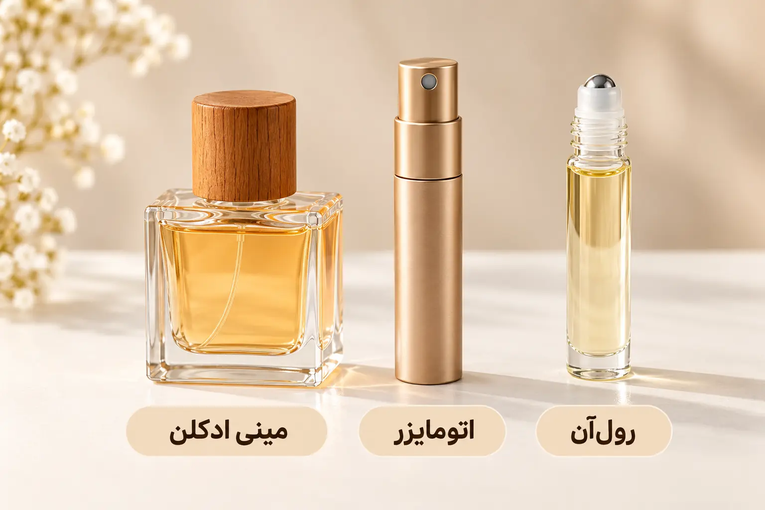 مقایسهی تصویری مینی ادکلن، اتومایزر و رولآن جیبی