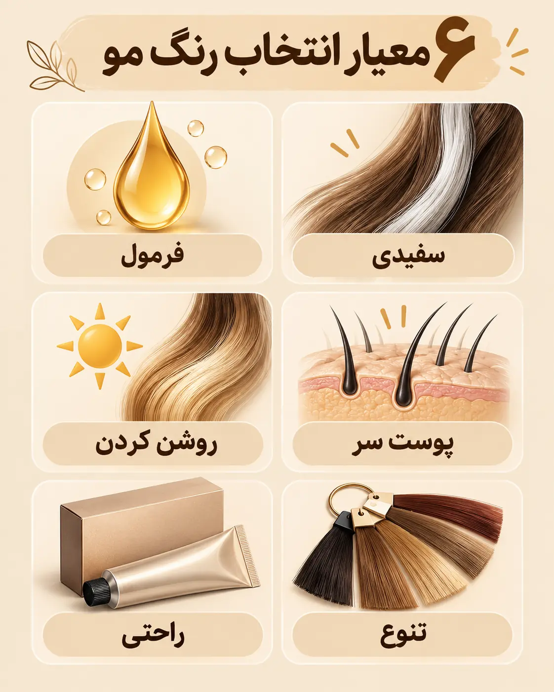 اینفوگرافیک ۶ معیار انتخاب رنگ مو: ماندگاری، پوشش سفیدی، پوست سر و راحتی استفاده