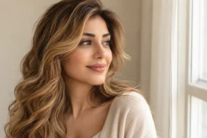 رنگ موی عسلی روی موی بلند و موج‌دار زن ایرانی در نور طبیعی
