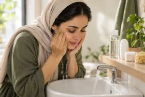 راهنمای مراقبت پوست؛ زن ایرانی در حال شستن صورت کنار محصولات پاکسازی، مام و موم