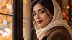 آرایش پاییزی ۱۴۰۵؛ زن ایرانی با رژ لب زرشکی و رژگونه آجری در نور گرم پاییز