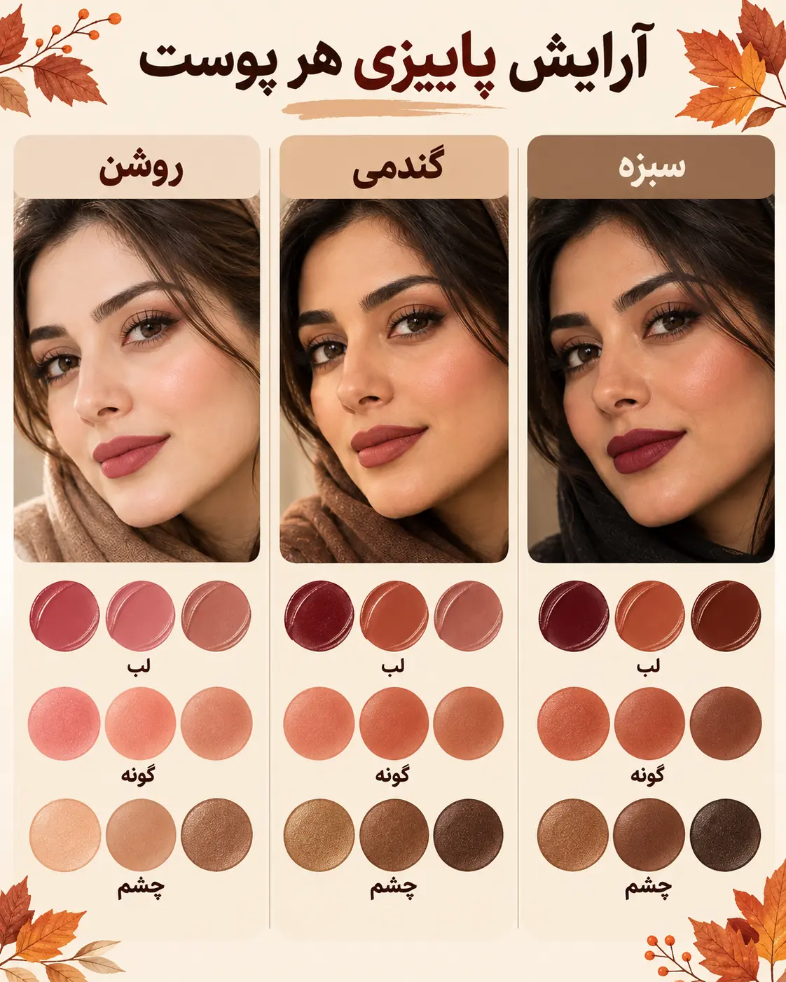 جدول آرایش پاییزی مناسب پوست روشن، گندمی و سبزه