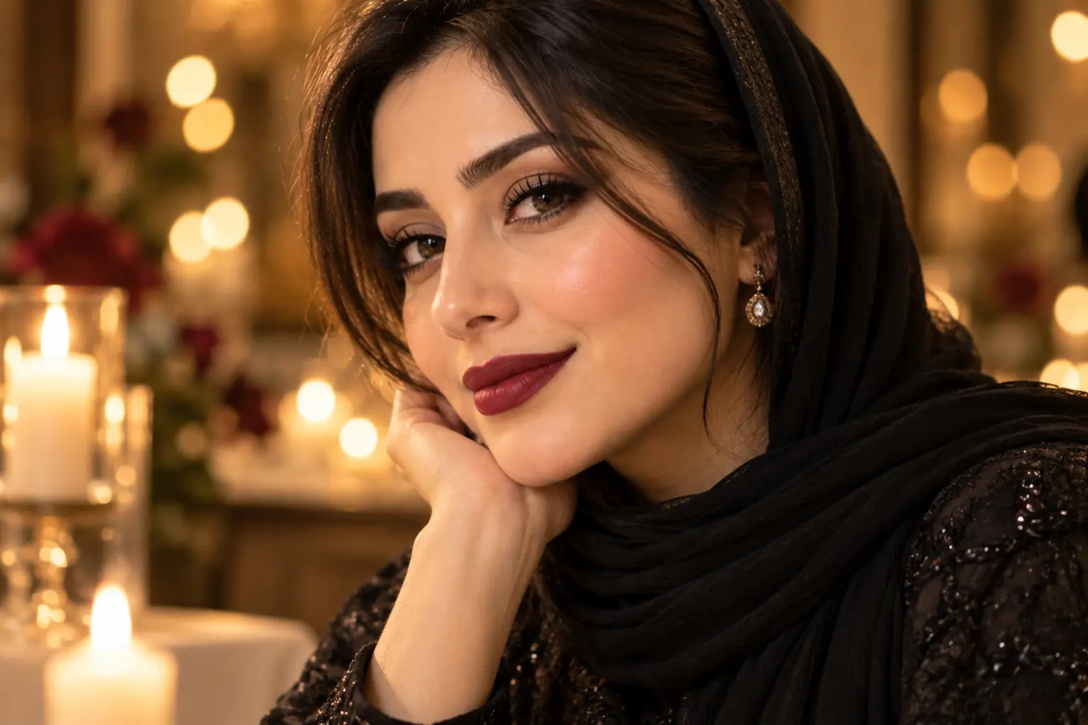 آرایش پاییزی مجلسی با مژه پرحجم و رژ لب زرشکی