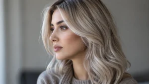 موی بلوند یخی با تُن خاکستری و نقره‌ای زیر نور طبیعی روز