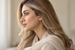 موی قهوه‌ای روشن و طبیعی بعد از رنگ بدون آمونیاک در نور روز