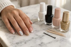 طراحی ناخن ساده در خانه؛ ناخن‌های فرنچ و خال‌خالی کنار شیشه‌های لاک و ابزار خانگی