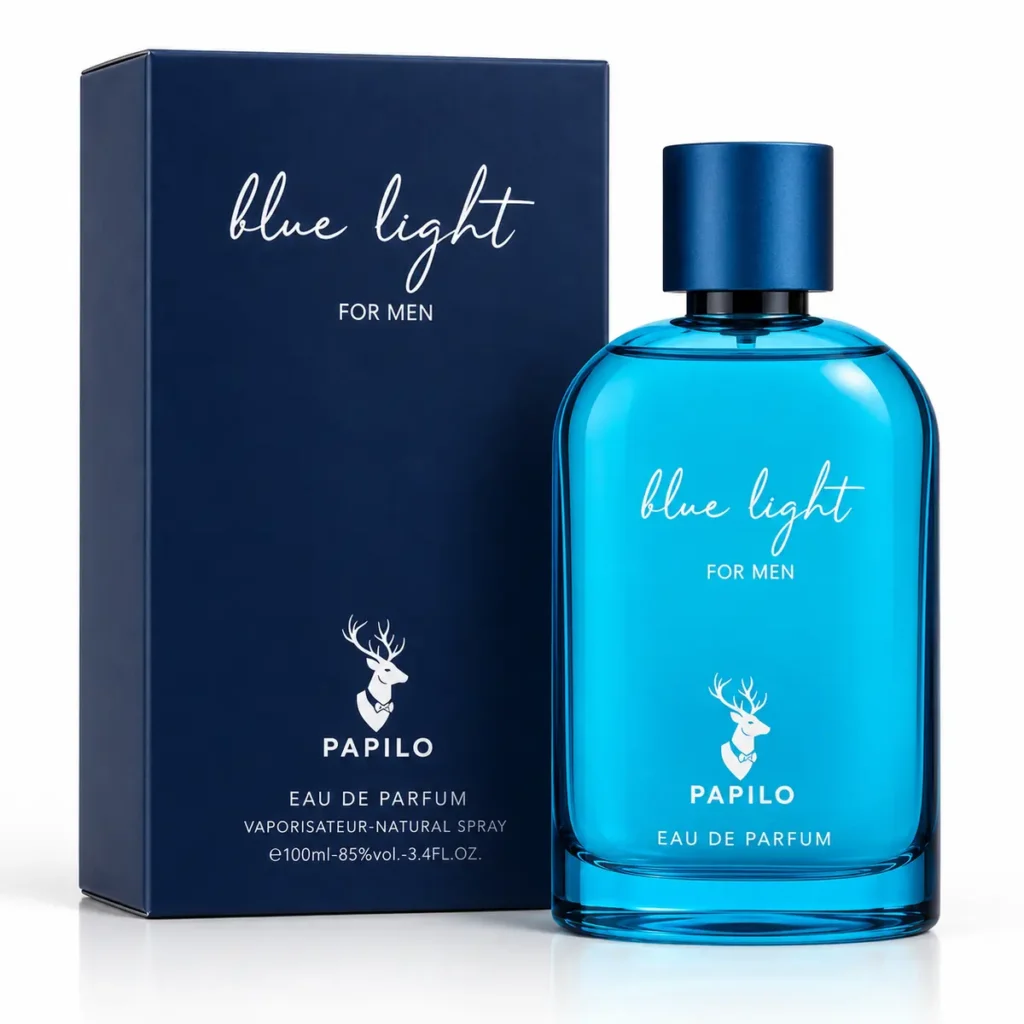 ادکلن پاپیلو لایت بلو بطری آبی Blue Light و جعبهی سرمهای