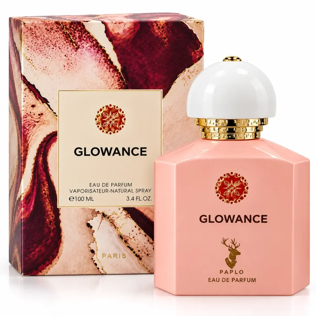 ادکلن پاپیلو امواج گایدنس بطری صورتی Glowance کنار جعبه